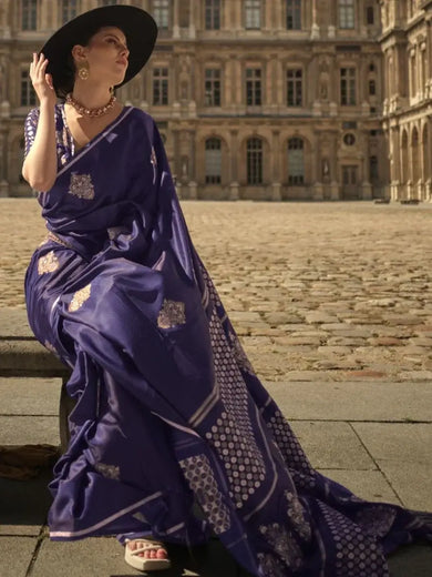 Delightful Blue Woven Banarasi Satin Silk Sangeet Wear Saree